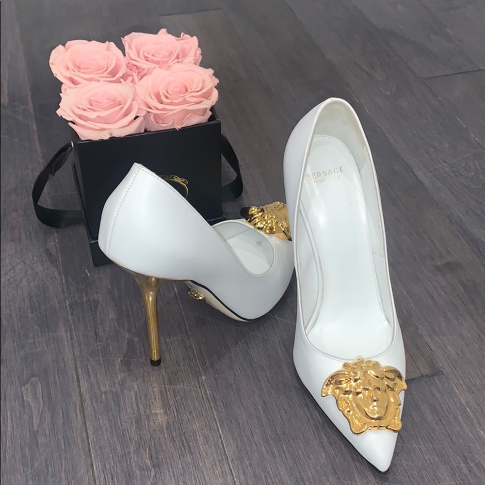 VERSACE gold Medusa heels.